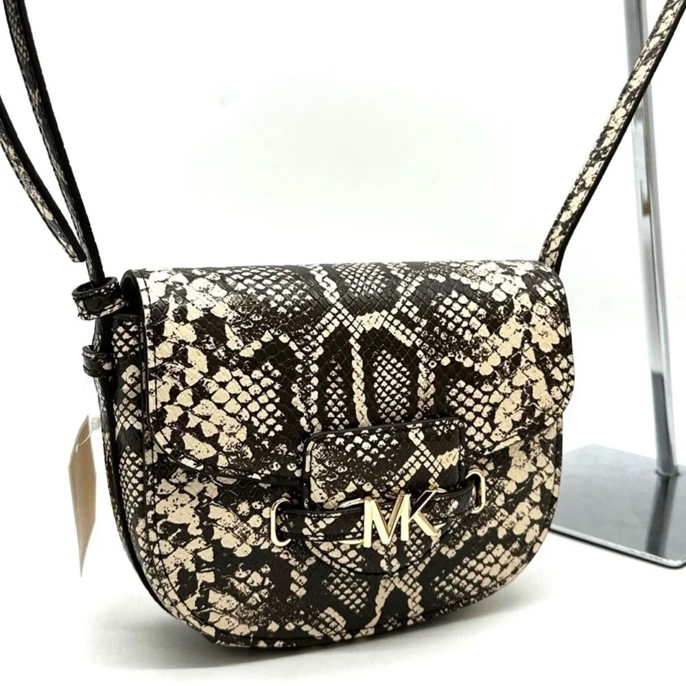 Michael Kors Small Reed Leather Saddle Crossbody Bag Snakeskin Nat/Light Cream - Picture 4 of 10